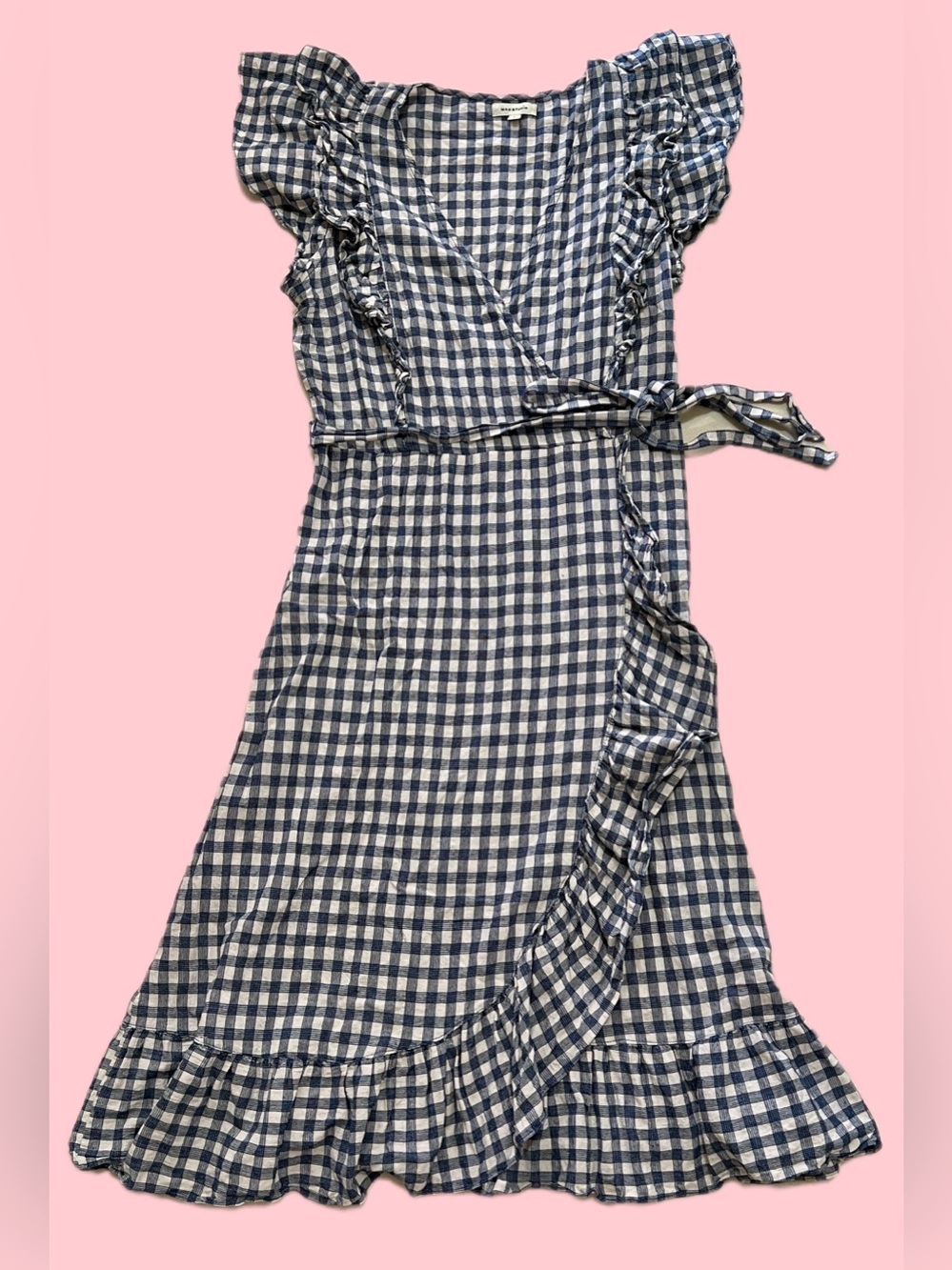 Max Studio Blue and White Gingham Wrap Dress with Ruffle Trim US Women's Large